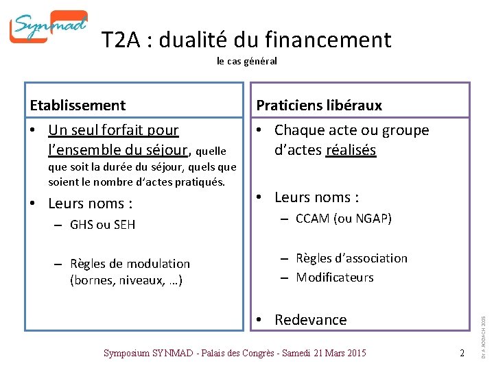 T 2 A : dualité du financement Etablissement Praticiens libéraux • Un seul forfait