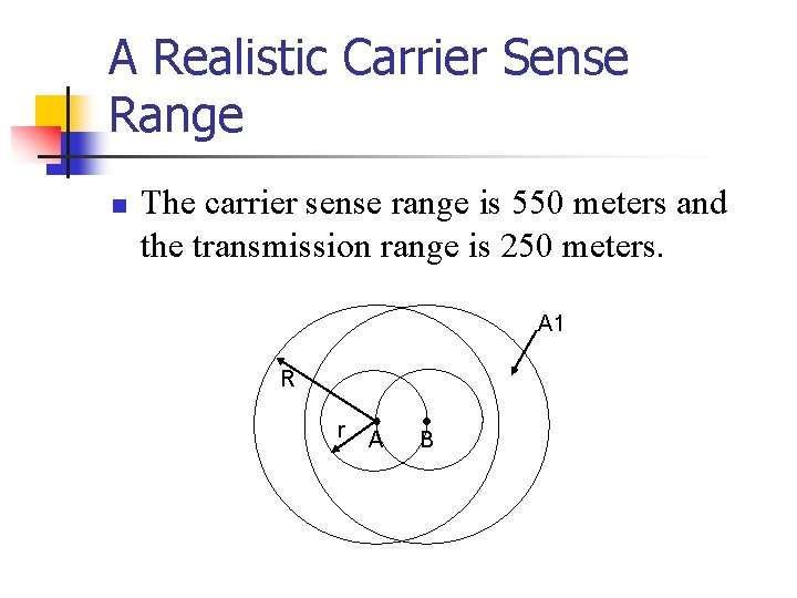 A Realistic Carrier Sense Range n The carrier sense range is 550 meters and A Realistic Carrier Sense Range n The carrier sense range is 550 meters and