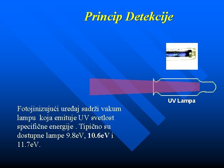 Princip Detekcije UV Lampa Fotojinizujući uređaj sadrži vakum lampu koja emituje UV svetlost specifične