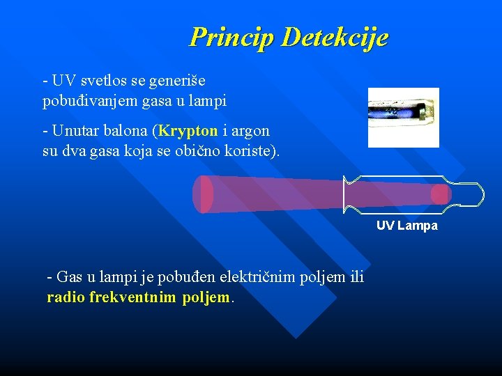 Princip Detekcije - UV svetlos se generiše pobuđivanjem gasa u lampi - Unutar balona