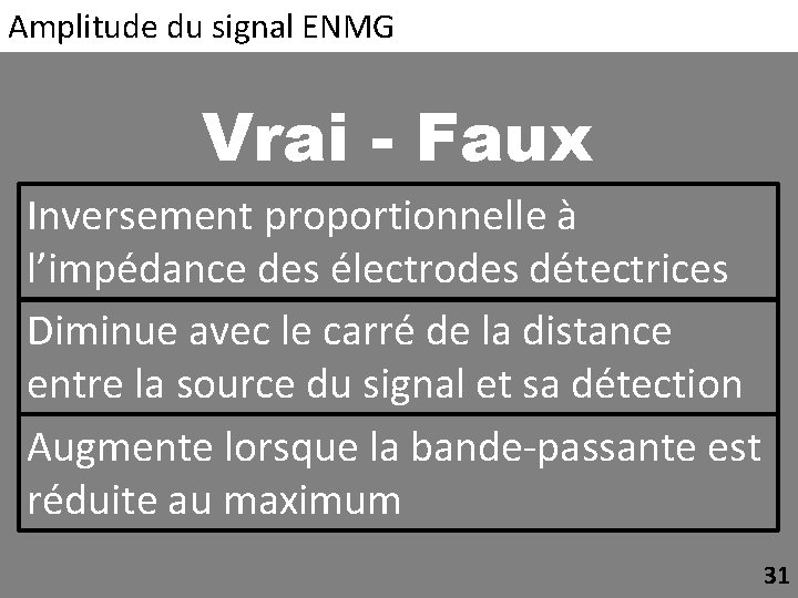 Amplitude du signal ENMG Vrai - Faux Inversement proportionnelle à l’impédance des électrodes détectrices