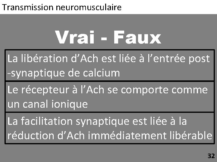 Transmission neuromusculaire Vrai - Faux La libération d’Ach est liée à l’entrée post -synaptique
