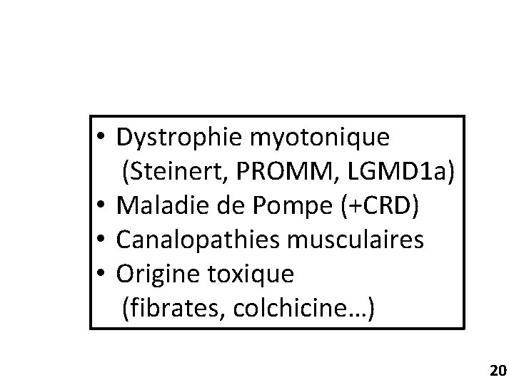  • Dystrophie myotonique (Steinert, PROMM, LGMD 1 a) • Maladie de Pompe (+CRD)