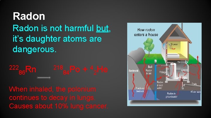 Radon is not harmful but, it’s daughter atoms are dangerous. 222 86 Rn 218