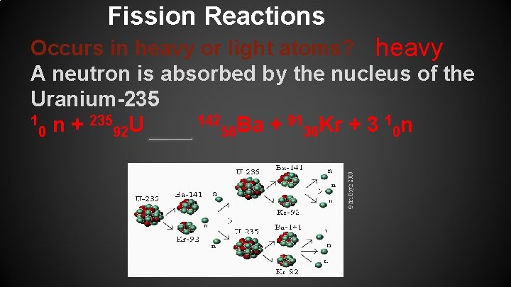 Fission Reactions Occurs in heavy or light atoms? heavy A neutron is absorbed by