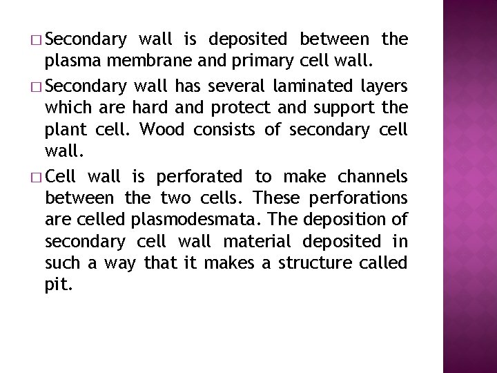 � Secondary wall is deposited between the plasma membrane and primary cell wall. �