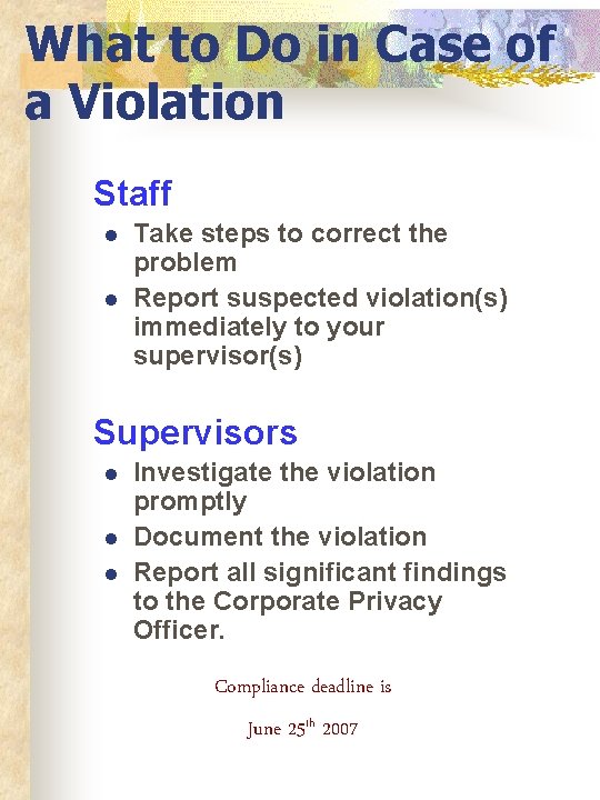 What to Do in Case of a Violation Staff l l Take steps to