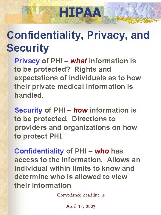 HIPAA Confidentiality, Privacy, and Security Privacy of PHI – what information is to be