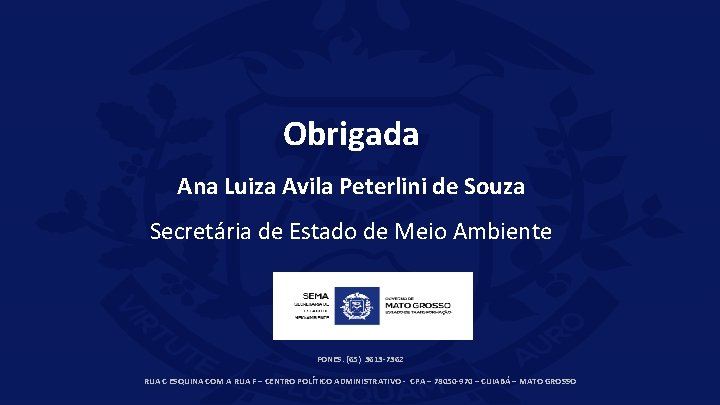 Obrigada Ana Luiza Avila Peterlini de Souza Secretária de Estado de Meio Ambiente FONES: