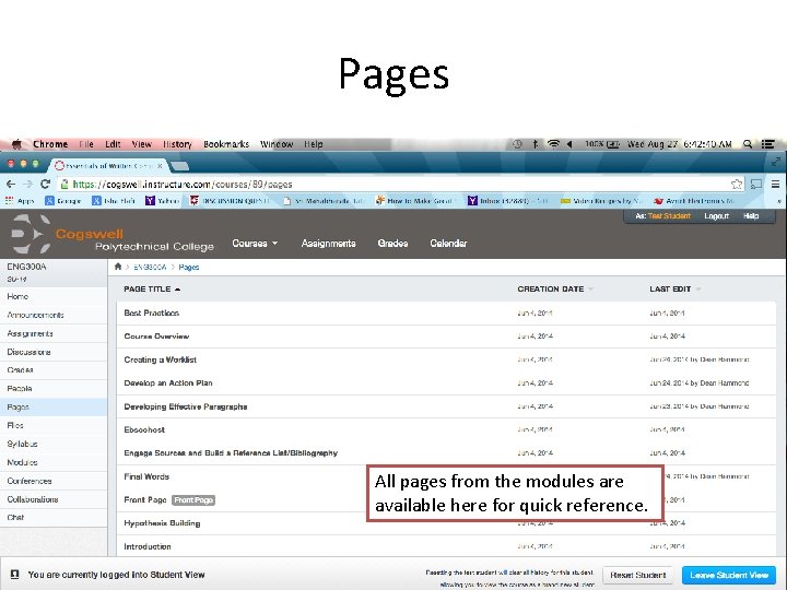 Pages All pages from the modules are available here for quick reference. 