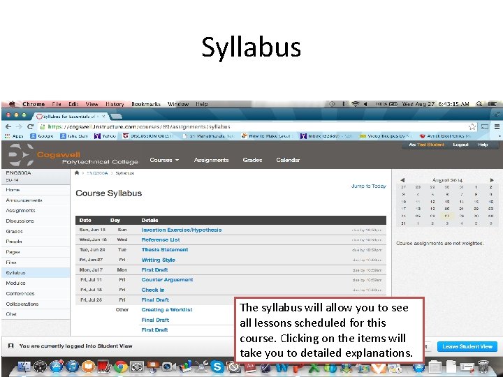 Syllabus The syllabus will allow you to see all lessons scheduled for this course.