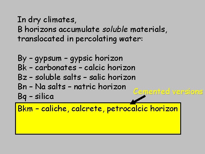 In dry climates, B horizons accumulate soluble materials, translocated in percolating water: By – In dry climates, B horizons accumulate soluble materials, translocated in percolating water: By –