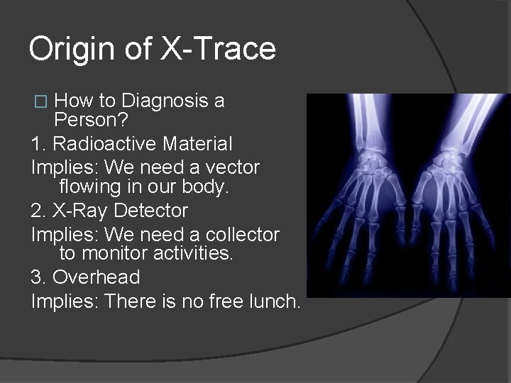 Origin of X-Trace How to Diagnosis a Person? 1. Radioactive Material Implies: We need