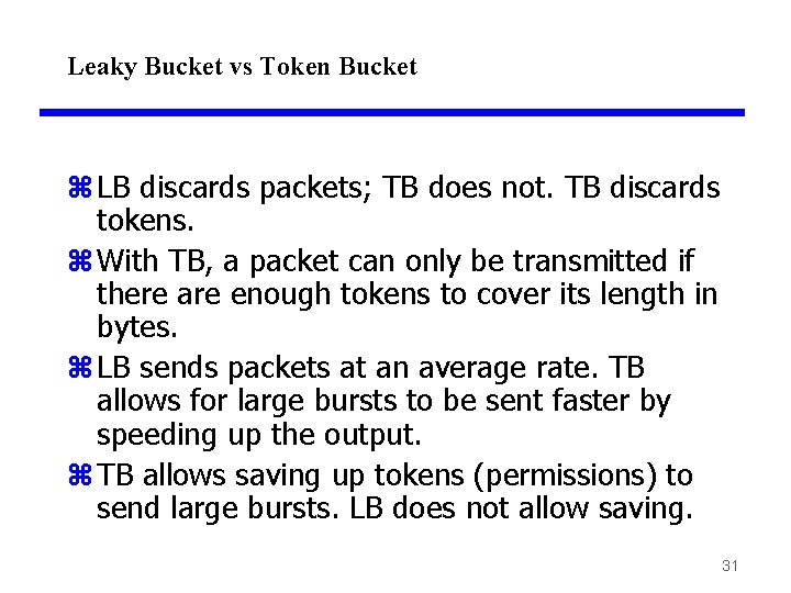 Leaky Bucket vs Token Bucket z LB discards packets; TB does not. TB discards