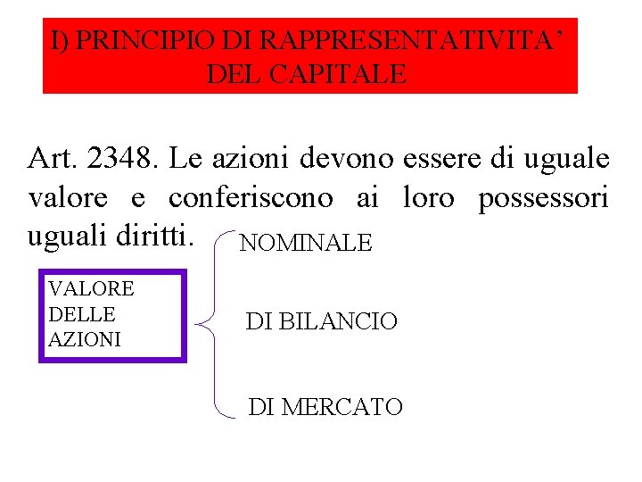 I) PRINCIPIO DI RAPPRESENTATIVITA’ DEL CAPITALE Art. 2348. Le azioni devono essere di uguale