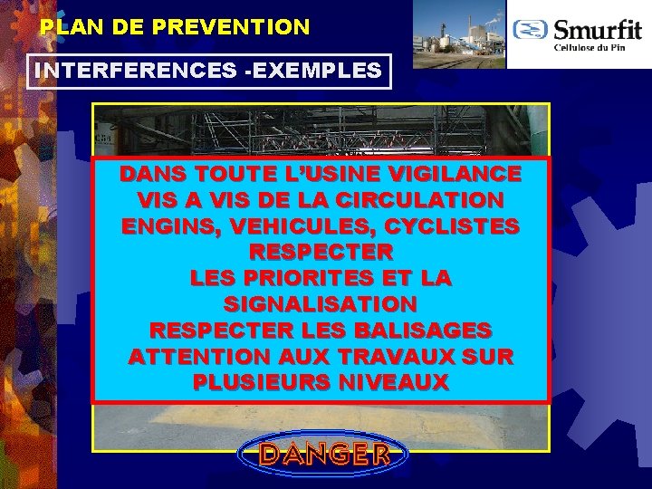 PLAN DE PREVENTION INTERFERENCES -EXEMPLES DANS TOUTE L’USINE VIGILANCE MANŒUVRES D’ENGINS VIS A VIS