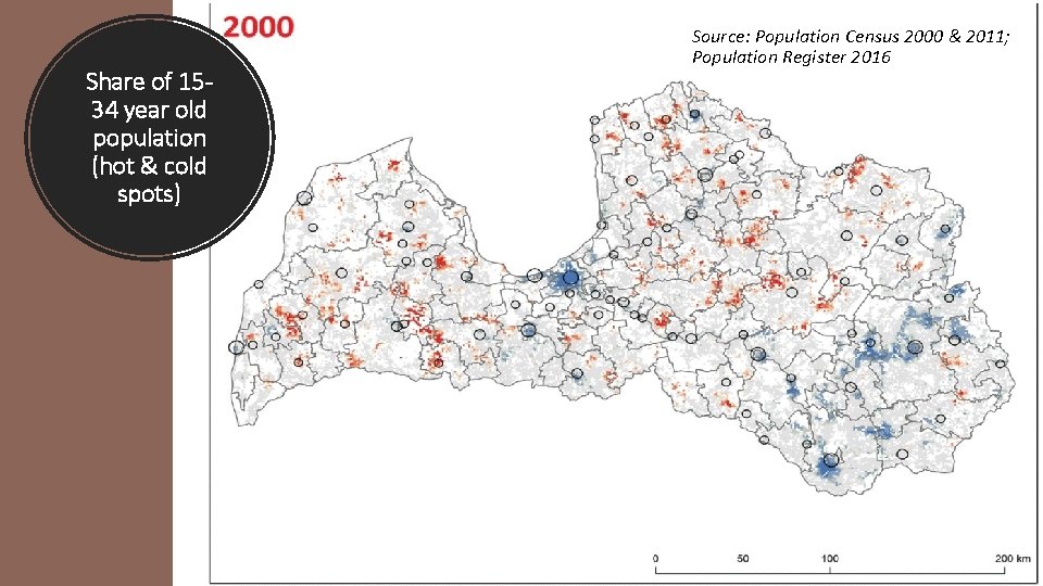 Share of 1534 year old population (hot & cold spots) Source: Population Census 2000