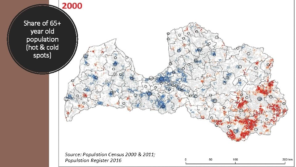 Share of 65+ year old population (hot & cold spots) Source: Population Census 2000