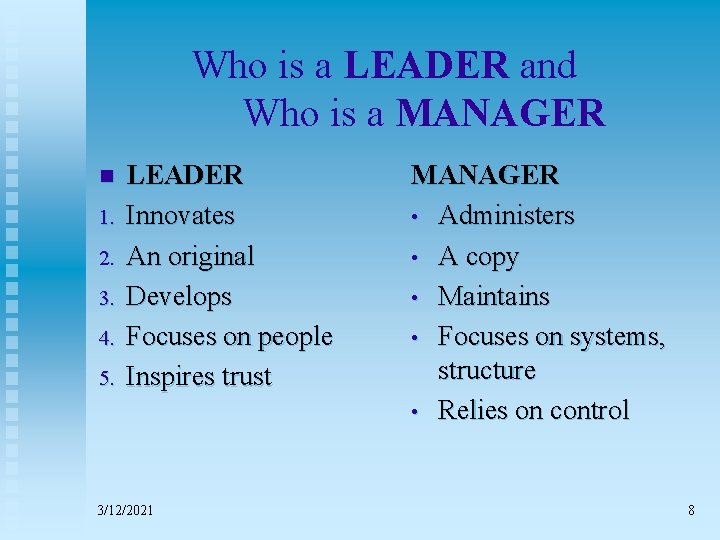 Who is a LEADER and Who is a MANAGER n 1. 2. 3. 4.