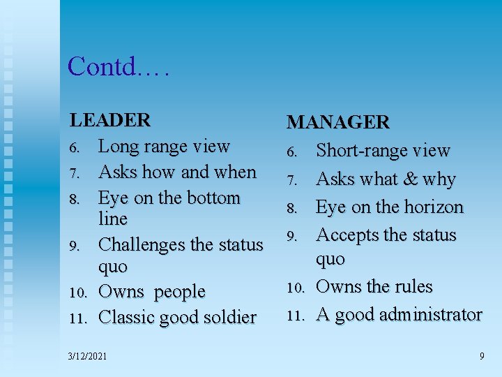 Contd…. LEADER 6. Long range view 7. Asks how and when 8. Eye on