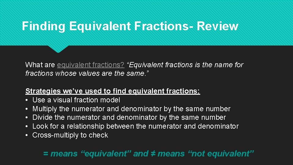 Finding Equivalent Fractions- Review What are equivalent fractions? “Equivalent fractions is the name for