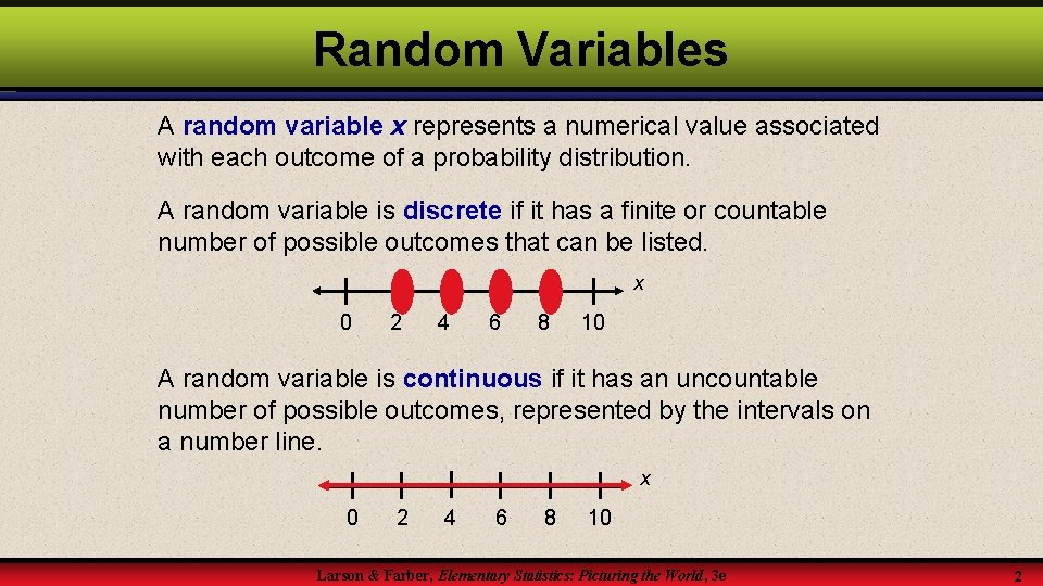Random Variables A random variable x represents a numerical value associated with each outcome