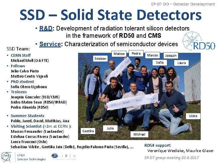 EP-DT-DD – Detector Development SSD – Solid State Detectors SSD Team: • R&D: Development