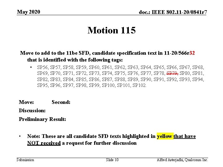 May 2020 doc. : IEEE 802. 11 -20/0841 r 7 Motion 115 Move to