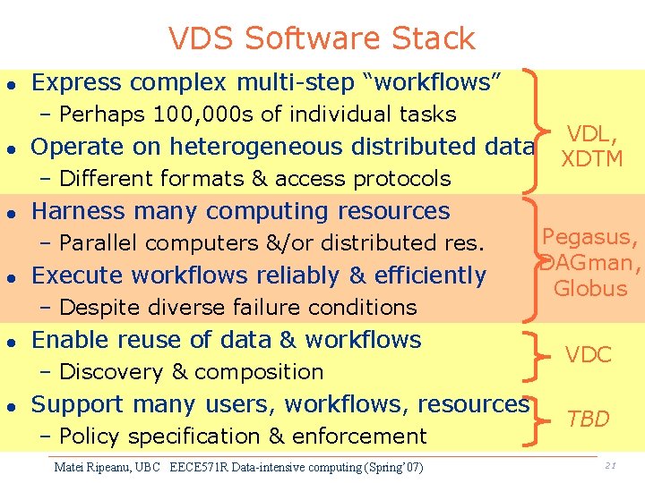 VDS Software Stack l Express complex multi-step “workflows” – Perhaps 100, 000 s of