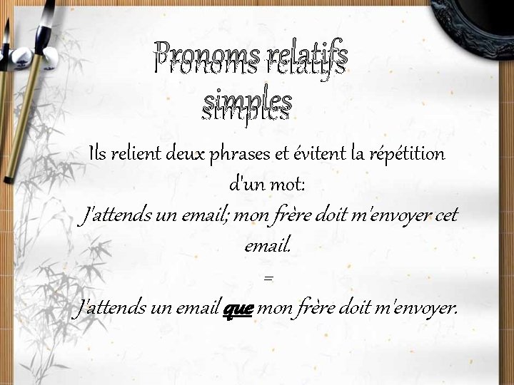 Pronoms relatifs simples Ils relient deux phrases et évitent la répétition d'un mot: J'attends