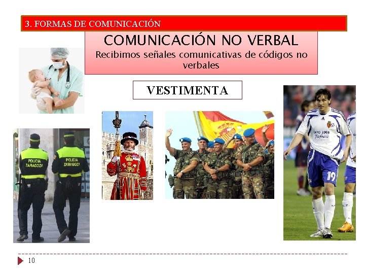 3. FORMAS DE COMUNICACIÓN NO VERBAL Recibimos señales comunicativas de códigos no verbales VESTIMENTA