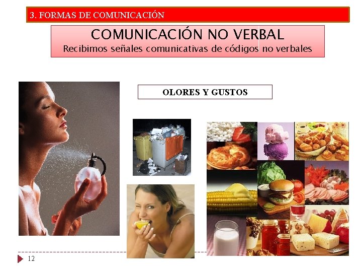 3. FORMAS DE COMUNICACIÓN NO VERBAL Recibimos señales comunicativas de códigos no verbales OLORES