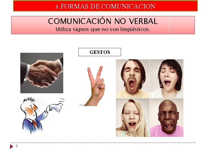 3. FORMAS DE COMUNICACIÓN NO VERBAL Utiliza signos que no son lingüísticos. GESTOS 7