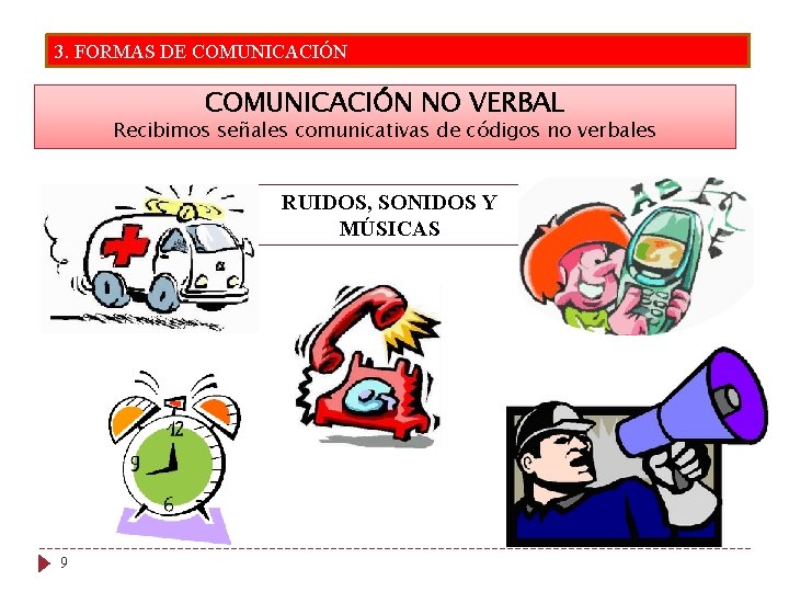 3. FORMAS DE COMUNICACIÓN NO VERBAL Recibimos señales comunicativas de códigos no verbales RUIDOS,