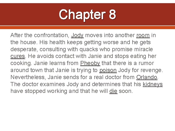 Chapter 8 After the confrontation, Jody moves into another room in the house. His
