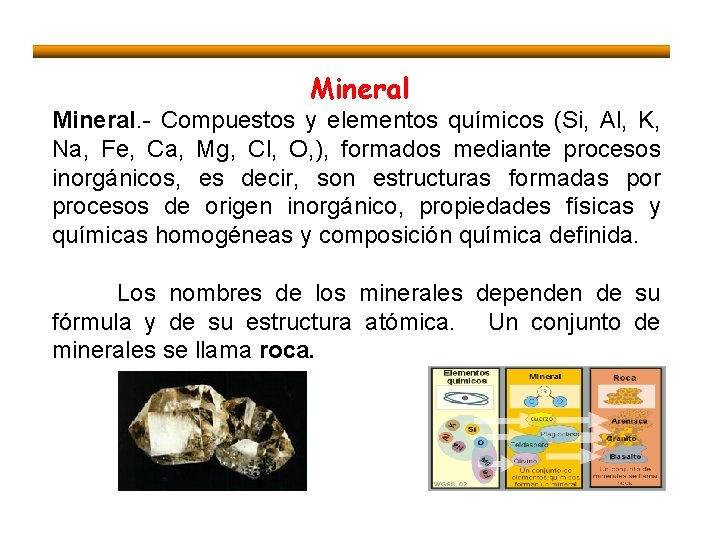 Mineral. - Compuestos y elementos químicos (Si, Al, K, Na, Fe, Ca, Mg, Cl,