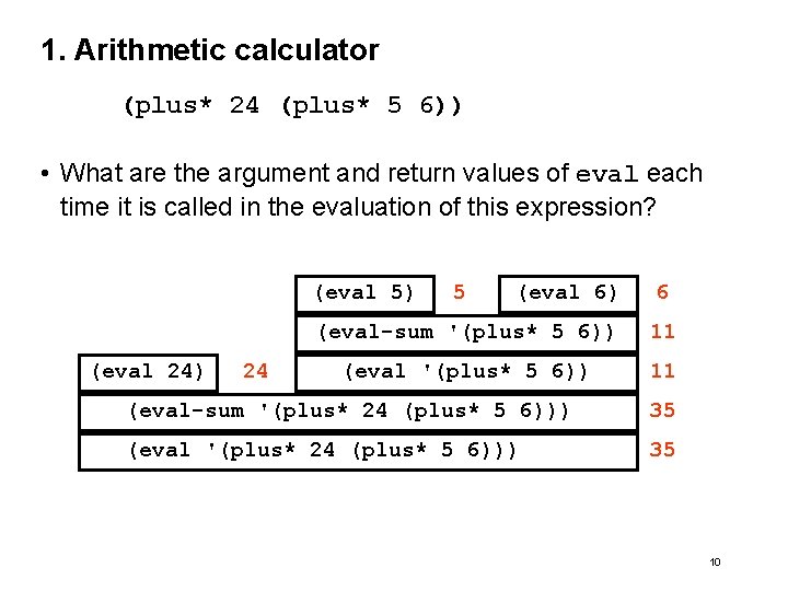 1. Arithmetic calculator (plus* 24 (plus* 5 6)) • What are the argument and