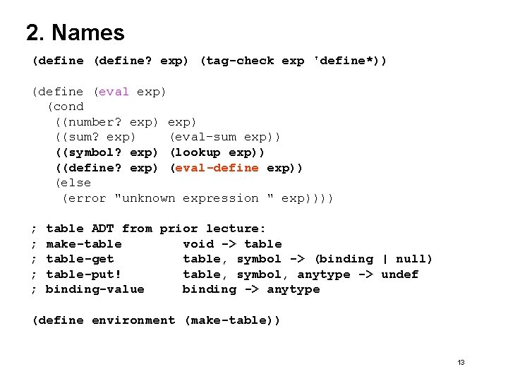 2. Names (define? exp) (tag-check exp 'define*)) (define (eval exp) (cond ((number? exp) ((sum?