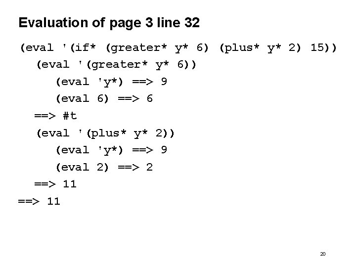 Evaluation of page 3 line 32 (eval '(if* (greater* y* 6) (plus* y* 2)