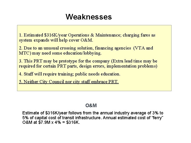 Weaknesses 1. Estimated $316 K/year Operations & Maintenance; charging fares as system expands will