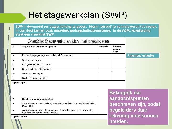 Het stagewerkplan (SWP) SWP = document om stage richting te geven. Hierin ‘vertaal’ je