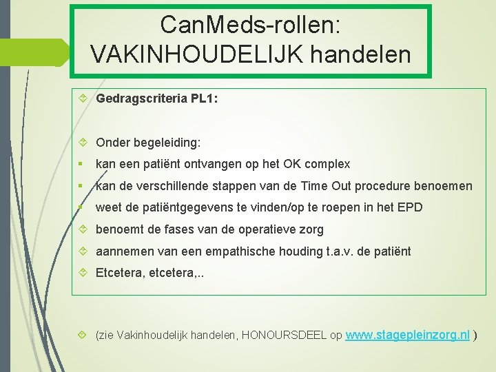 Can. Meds-rollen: VAKINHOUDELIJK handelen Gedragscriteria PL 1: Onder begeleiding: § kan een patiënt ontvangen