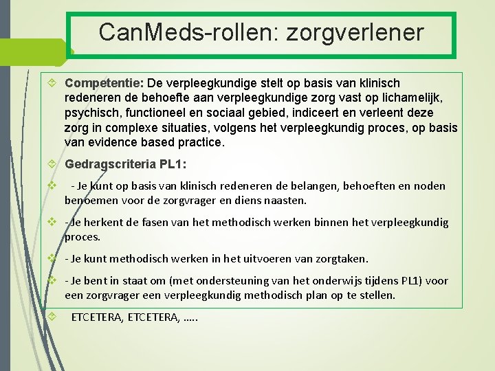 Can. Meds-rollen: zorgverlener Competentie: De verpleegkundige stelt op basis van klinisch redeneren de behoefte