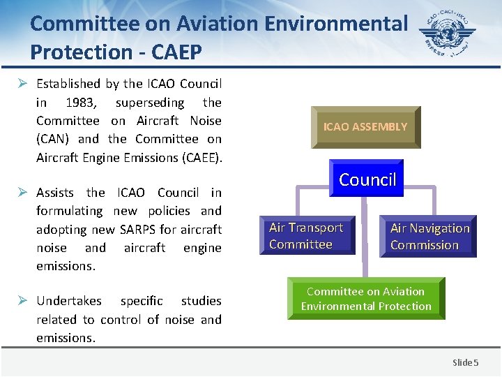 Committee on Aviation Environmental Protection - CAEP Ø Established by the ICAO Council in