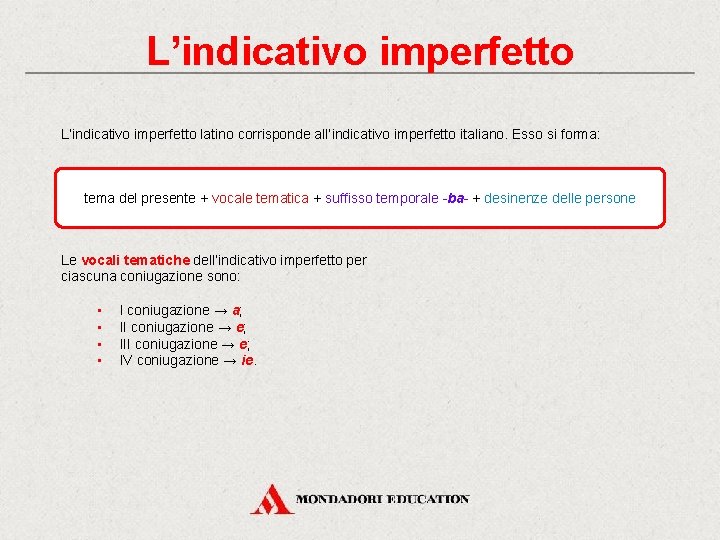 L’indicativo imperfetto latino corrisponde all’indicativo imperfetto italiano. Esso si forma: tema del presente +