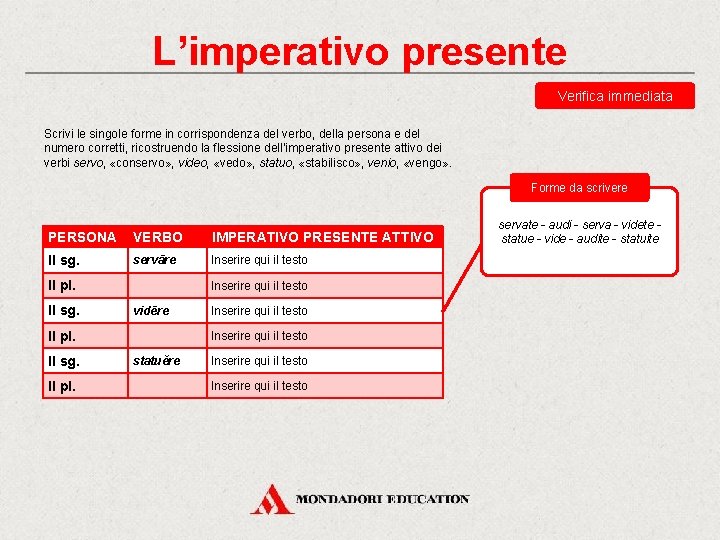 L’imperativo presente Verifica immediata Scrivi le singole forme in corrispondenza del verbo, della persona