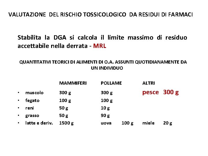 VALUTAZIONE DEL RISCHIO TOSSICOLOGICO DA RESIDUI DI FARMACI Stabilita la DGA si calcola il