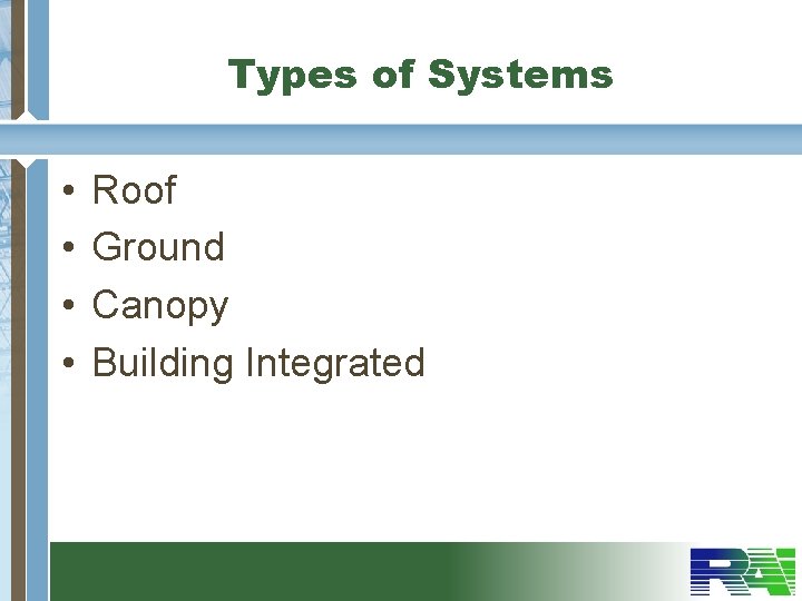 Types of Systems • • Roof Ground Canopy Building Integrated 