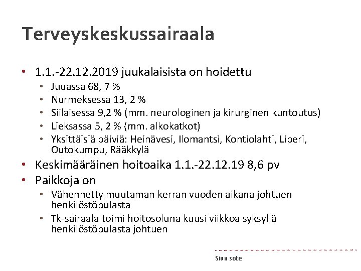 Terveyskeskussairaala • 1. 1. -22. 12. 2019 juukalaisista on hoidettu • • • Juuassa