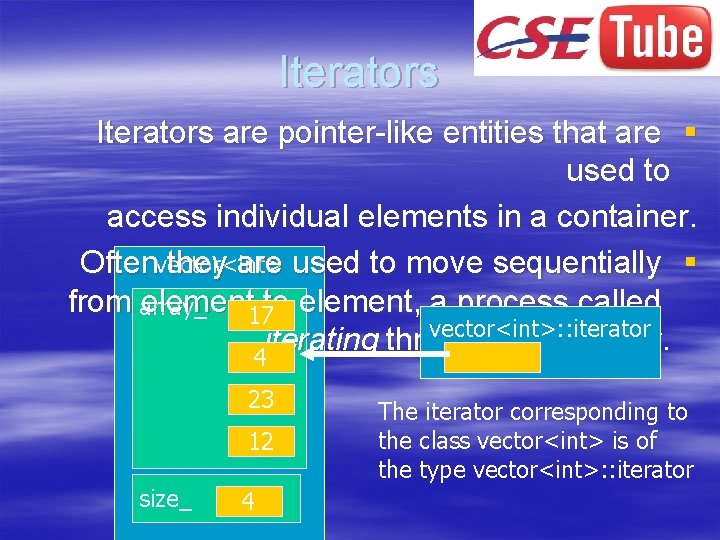 Iterators are pointer-like entities that are § used to access individual elements in a